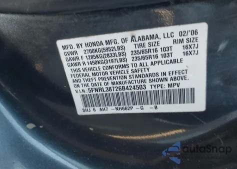 2006 Honda Odyssey Ex-L from USA, damaged, VIN 5FNRL38726B424503
